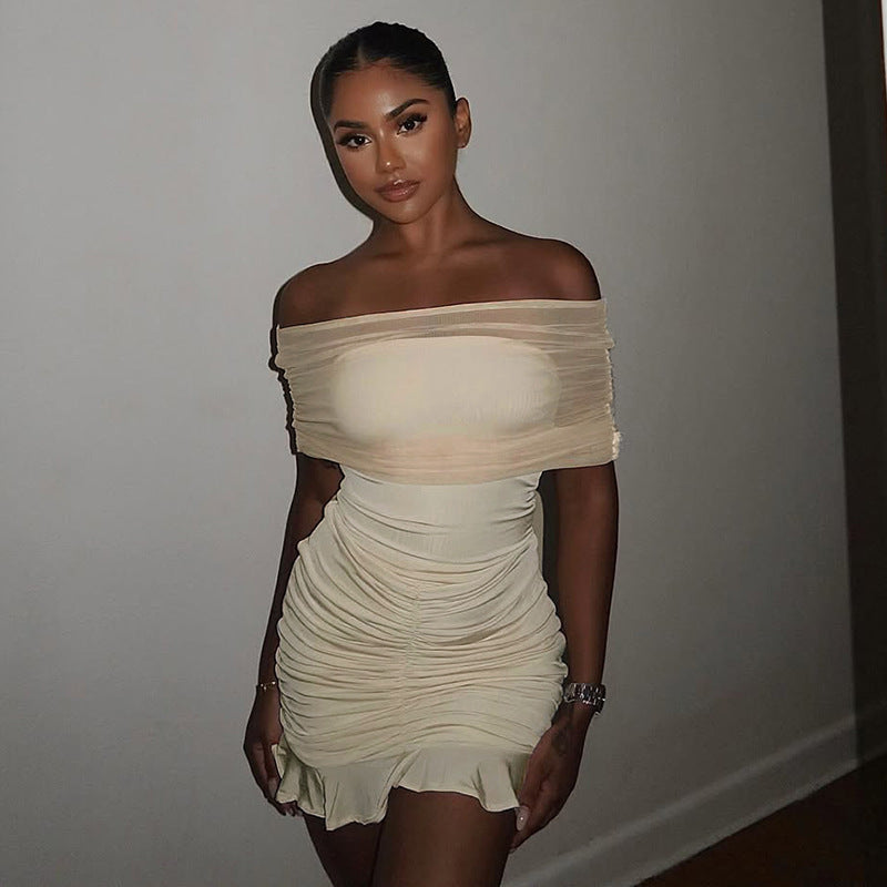 Women Clothing Ruffle Hip Ruffled Mesh Outerwear Strapless Dress Slim Dress Bella Mia